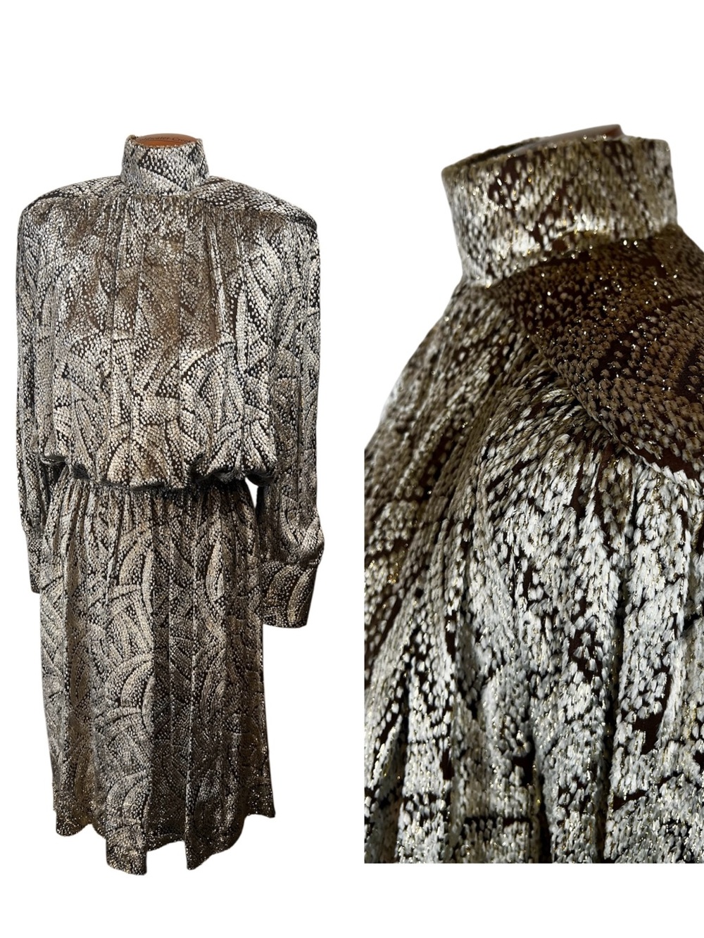 Vintage 70s gold brown velvet flocked dress custom made